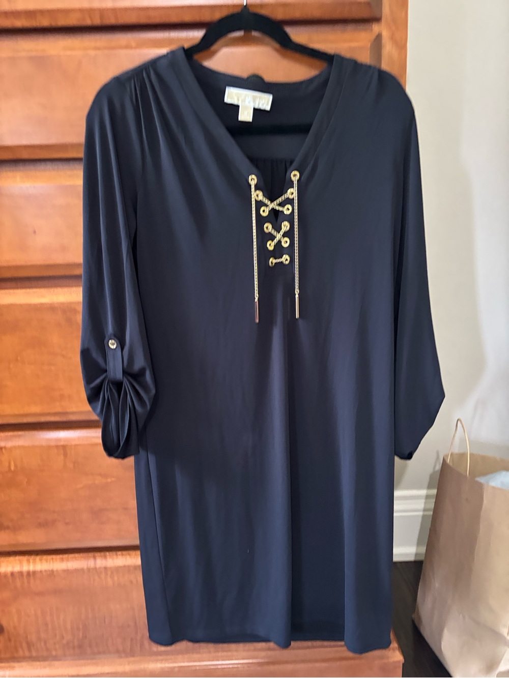 Michael Kors Black Tunic with Gold Lace-Up V-Neck